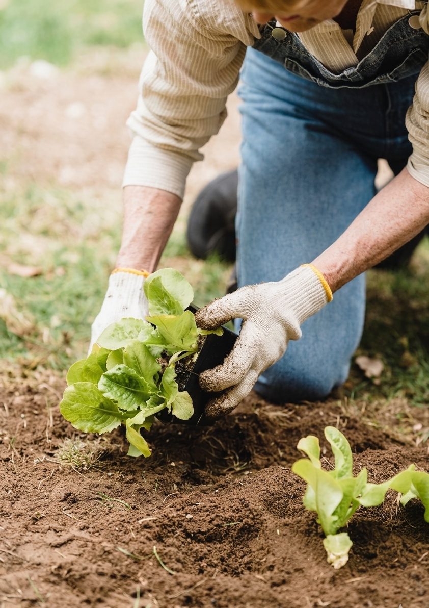 Persona plantando lechuga en cultivo local dentro de un proyecto de alimentación sostenible