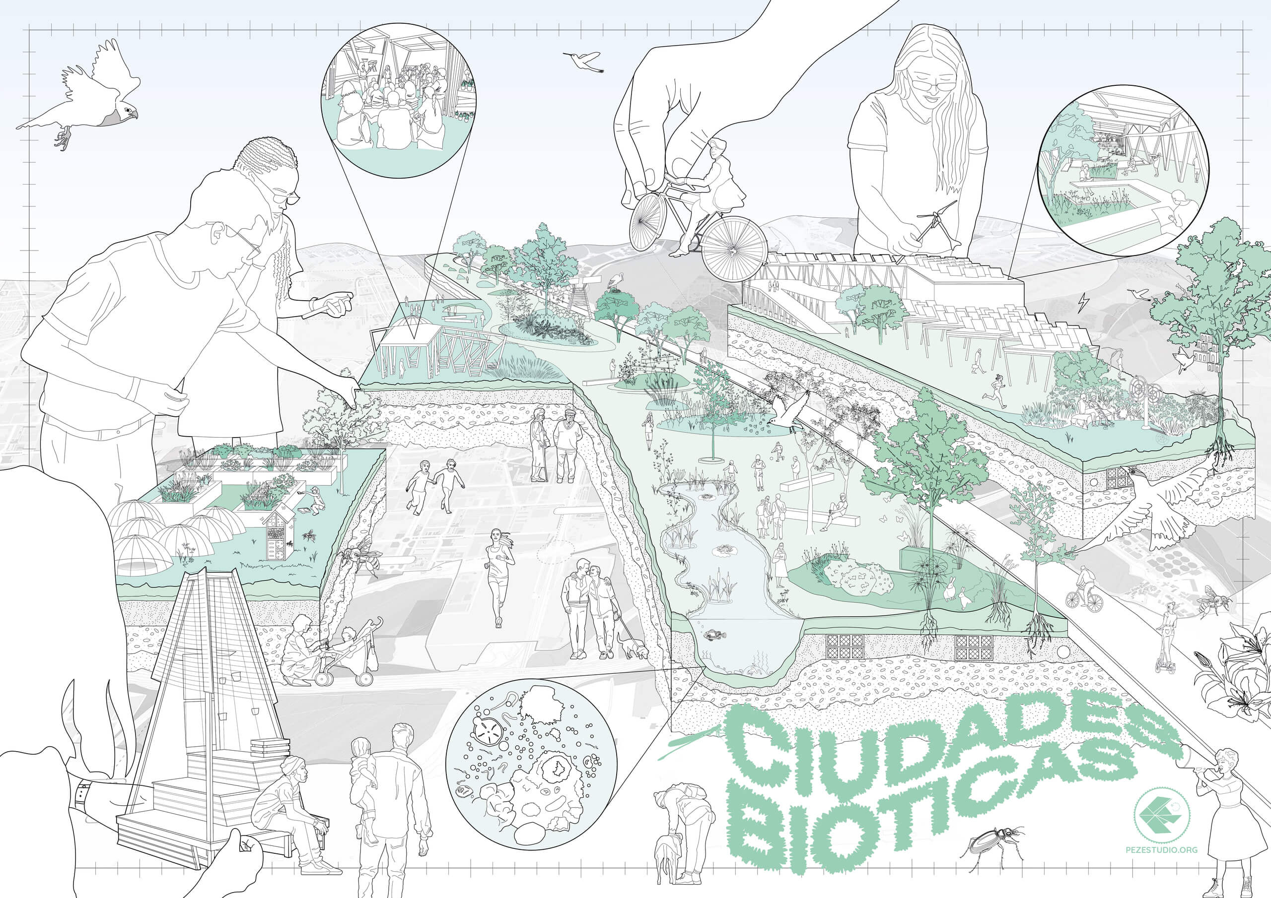 ilustración conceptual de diseño urbano socioecológico en Ciudades Bióticas