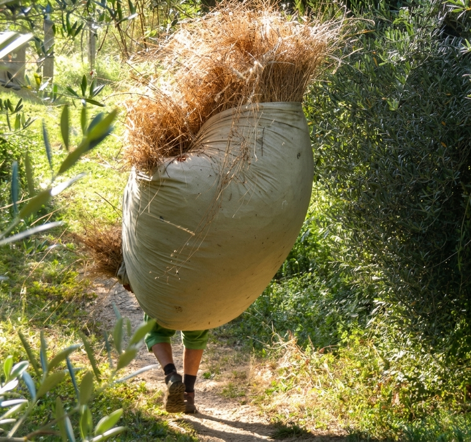 Persona transportando fibras vegetales en un sendero rural de la Sierra de Aracena.