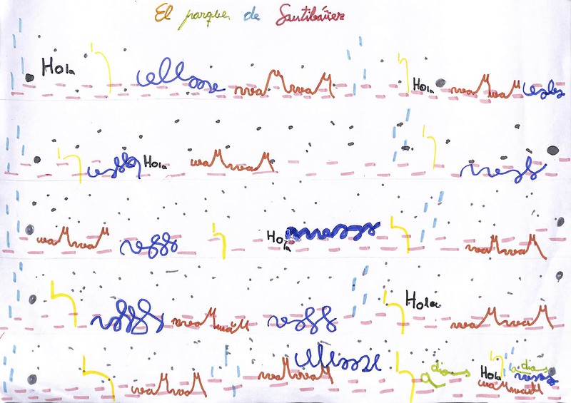 Dibujo colorido que representa la exploración del paisaje sonoro y la creación colectiva en Los sonidos de la escuela rural con alumnado del CRA Ribera del Porma.