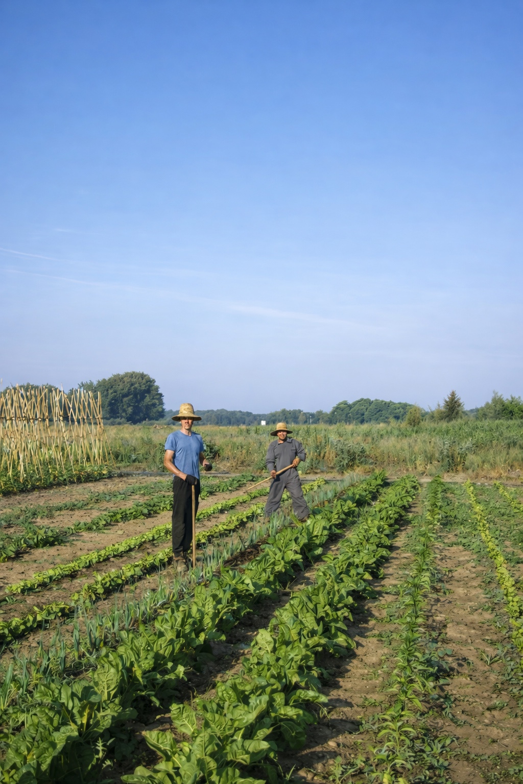 Dos personas trabajan en una huerta de un espacio test agrario con cultivos en hileras