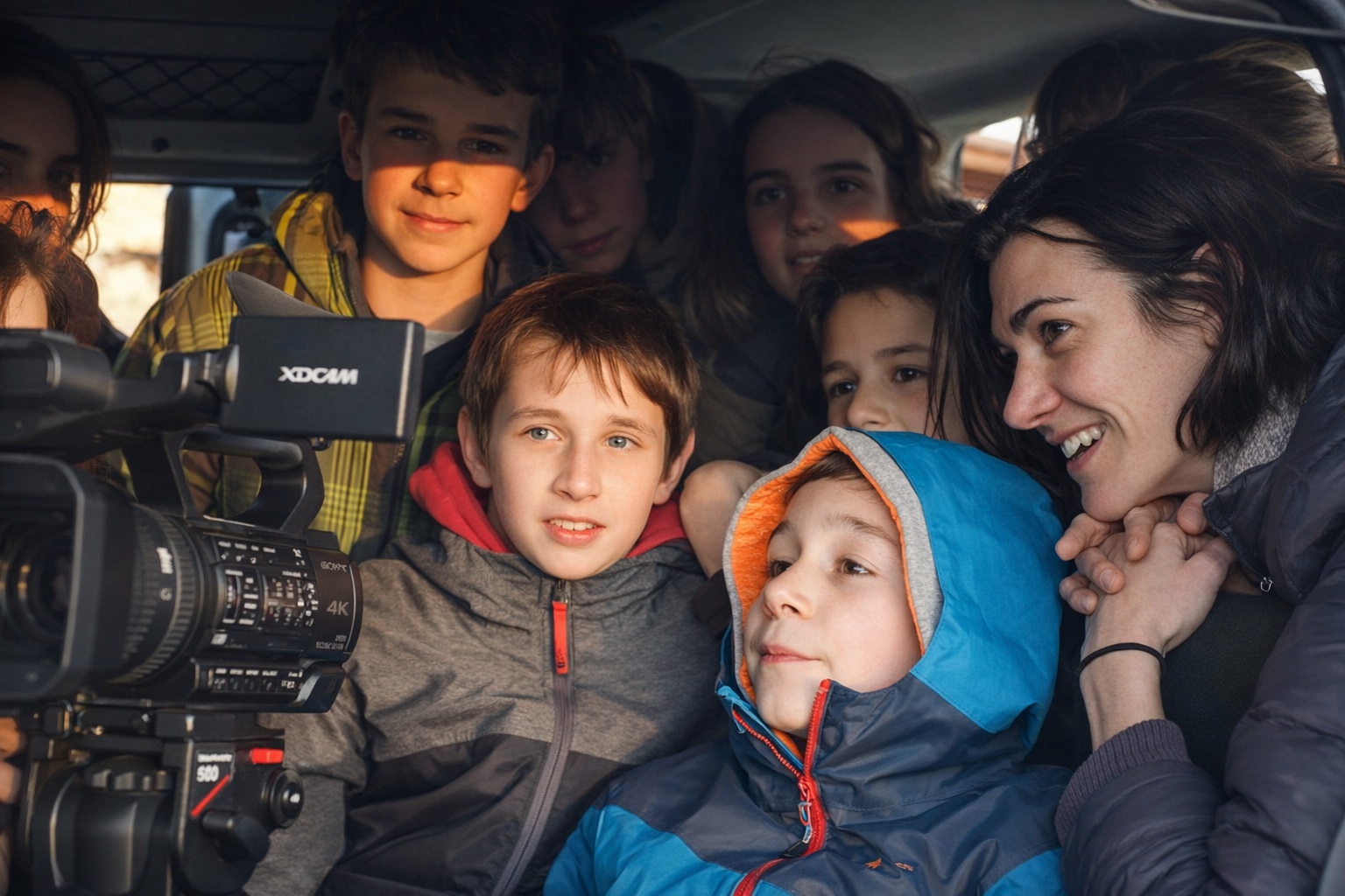 Alumnado y docente durante un rodaje de Cine en curso, programa de A Bao A Qu en el ámbito escolar