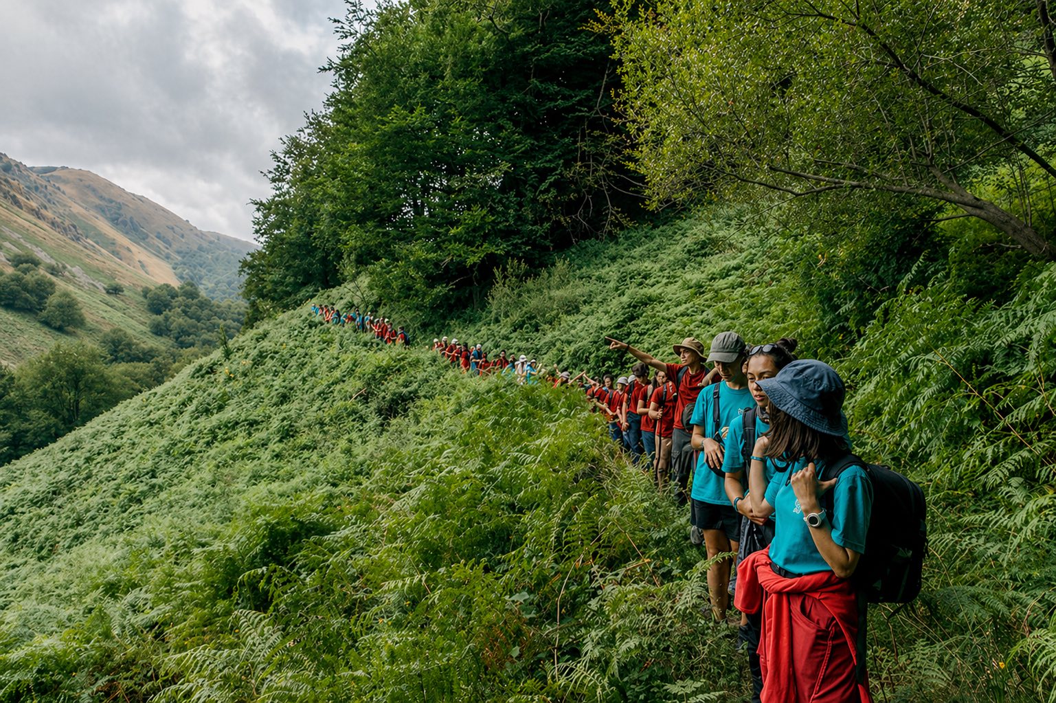 Jóvenes participantes de Ruta al Exilio caminan por una senda de montaña durante una expedición de memoria histórica.