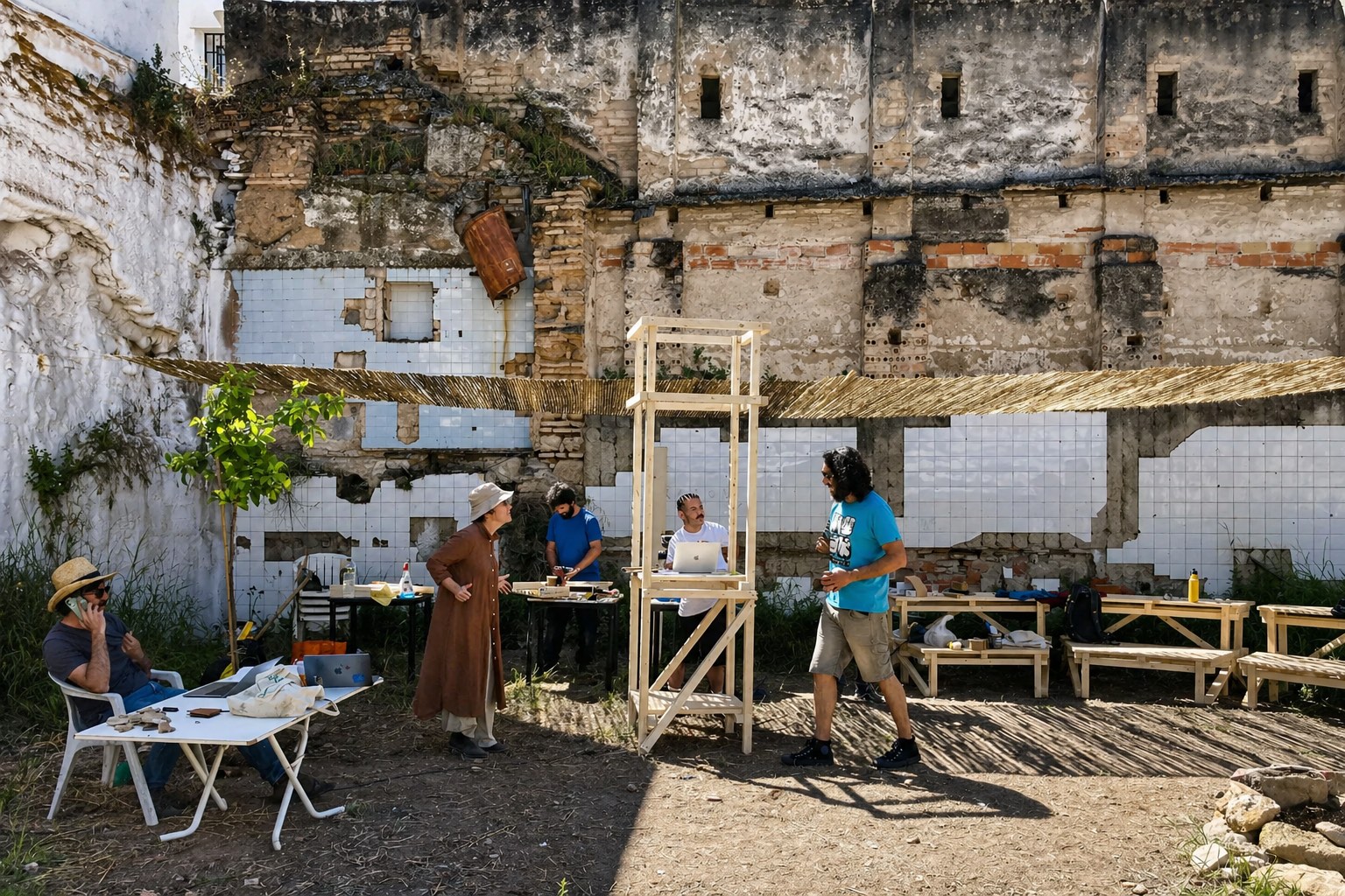 Tótem modular construido colectivamente en el proyecto SUQ Centeno del barrio de San Agustín, Córdoba